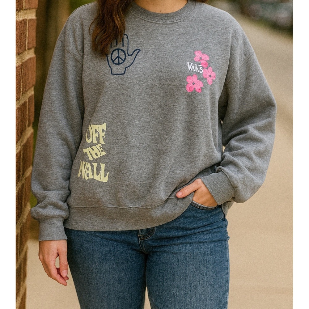 Vans Womens Small Gray Graphic Crewneck Sweatshirt Off The Wall Peace Flower S